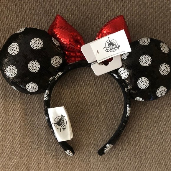 NWT Disneyland Minnie Mouse Classic Polka Dots Red Bow Ears Headband Black White - Picture 2 of 3